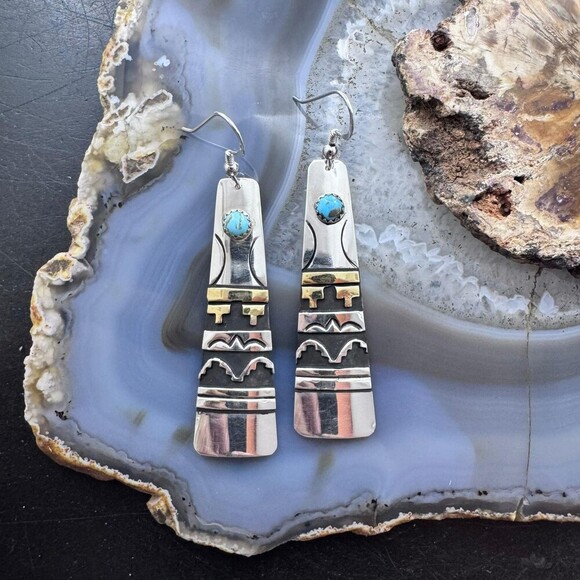 Tommy & Rosita Singer Sterling & Gold Filled Turquoise Elongated Dangle Earrings - Picture 2 of 10
